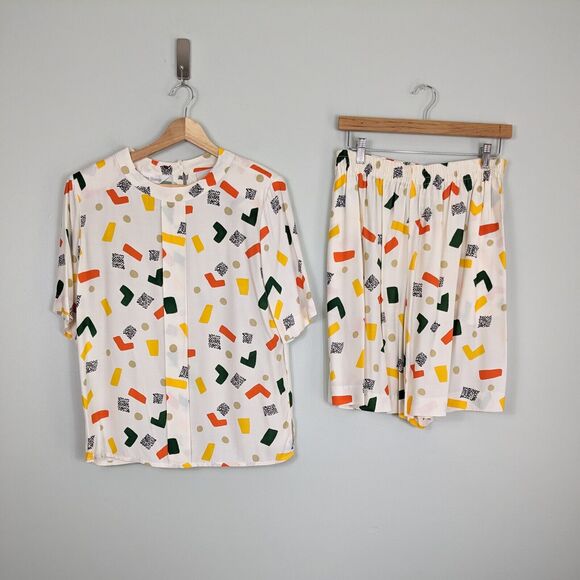 Vintage 80S 90S Top Shorts Set Geometric Multicolor Funky Bermuda Work Cream 10 - Picture 3 of 13